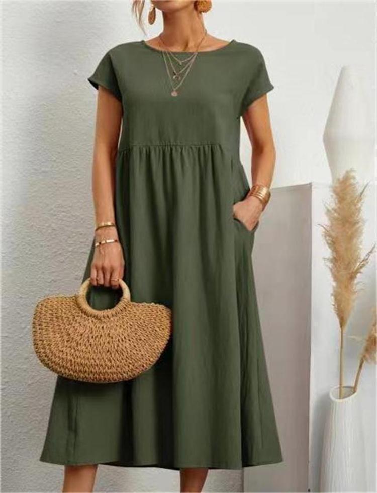 Summer Women Casual Loose Fit Sleeveless Cotton Linen Dress Solid Color Pocket