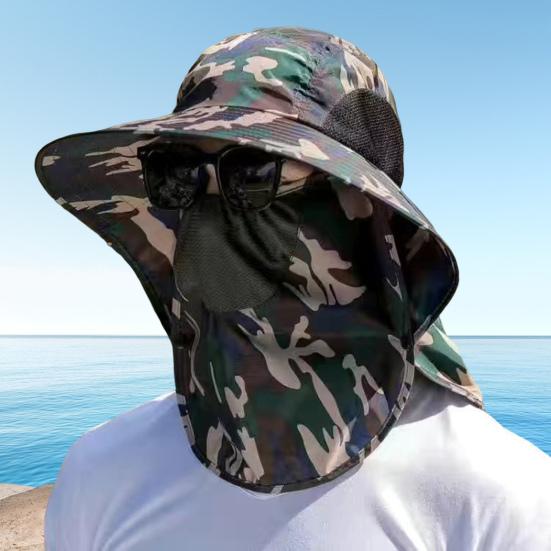 Outdoor Sunscreen Hat with Face Neck Cover And with Lace-Up Design Hollow Mesh Large Brim Anti-UV Sunlight Protection Outdoor Fishing Travel Cap