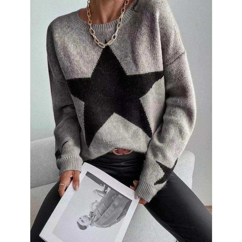 Women S Crew Neck Long Sleeve Pullover Knit Sweater Star Pattern