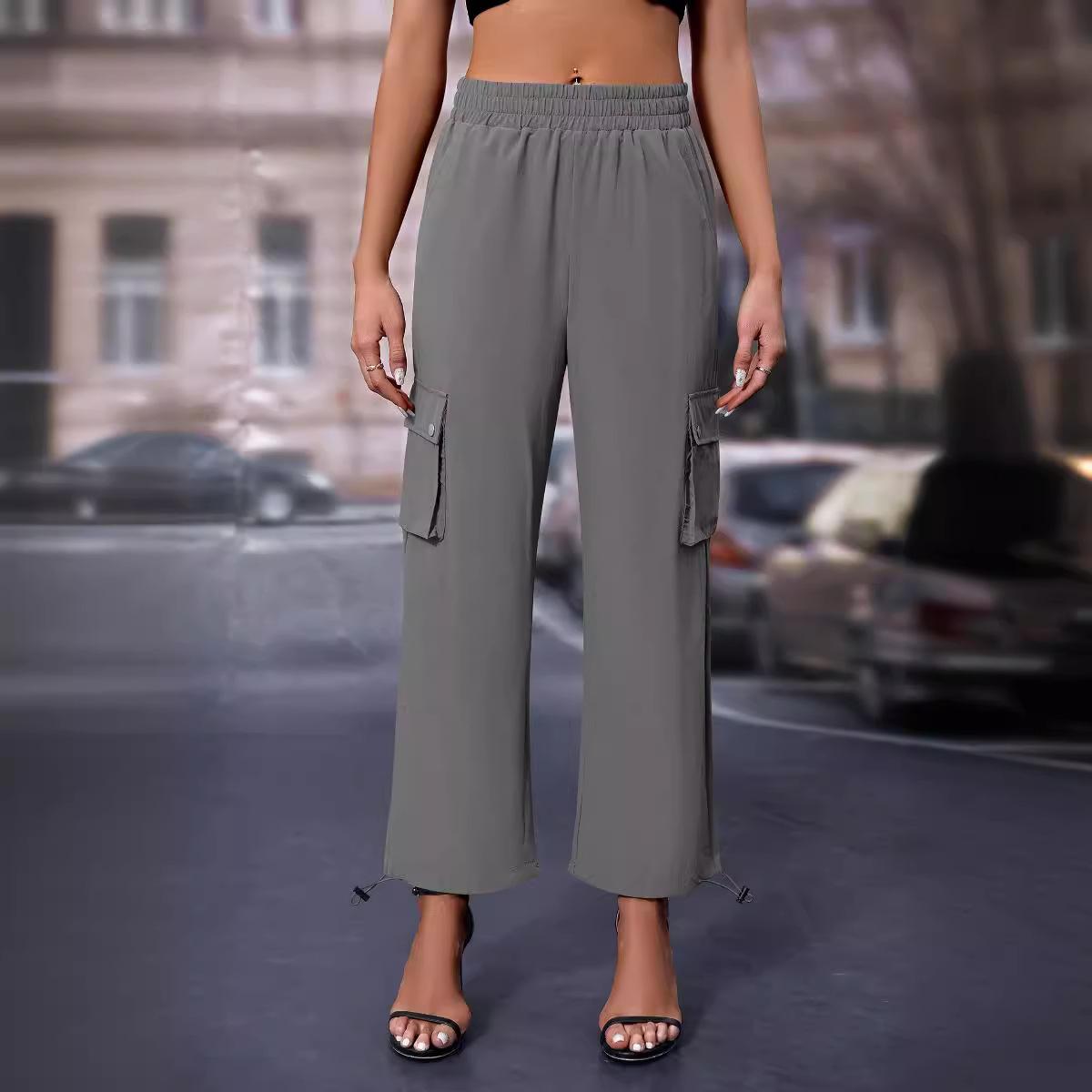 

Весенние и осенние женские брюки, модные рабочие брюки Y2k с высокой талией, быстросохнущие брюки Nine-tenths XL серый