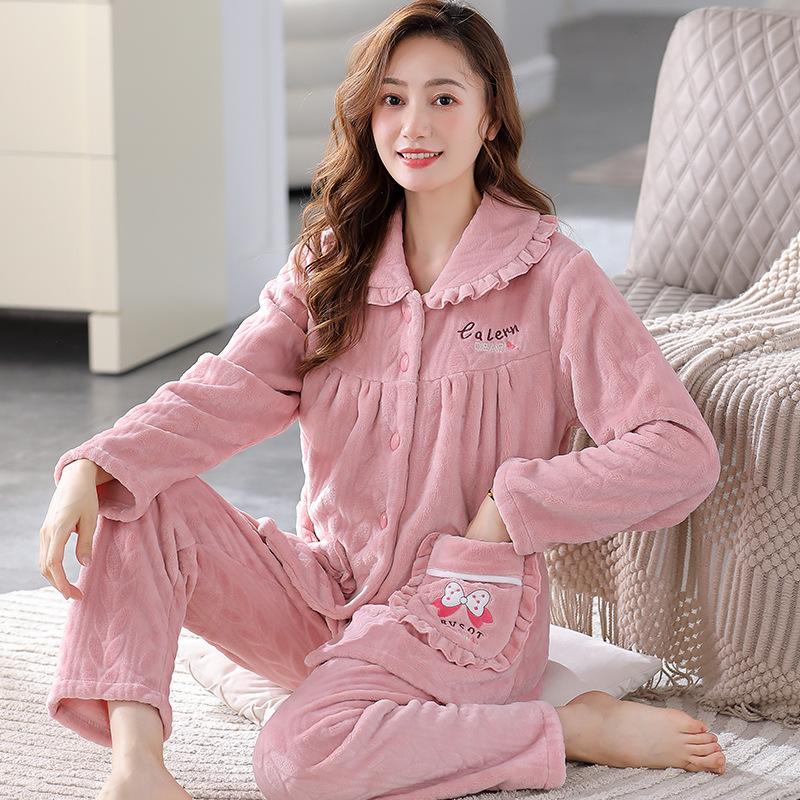 Women's Plus Size Thick Coral Fleece Pajamas - Warm Flannel Homewear for Autumn and Winter