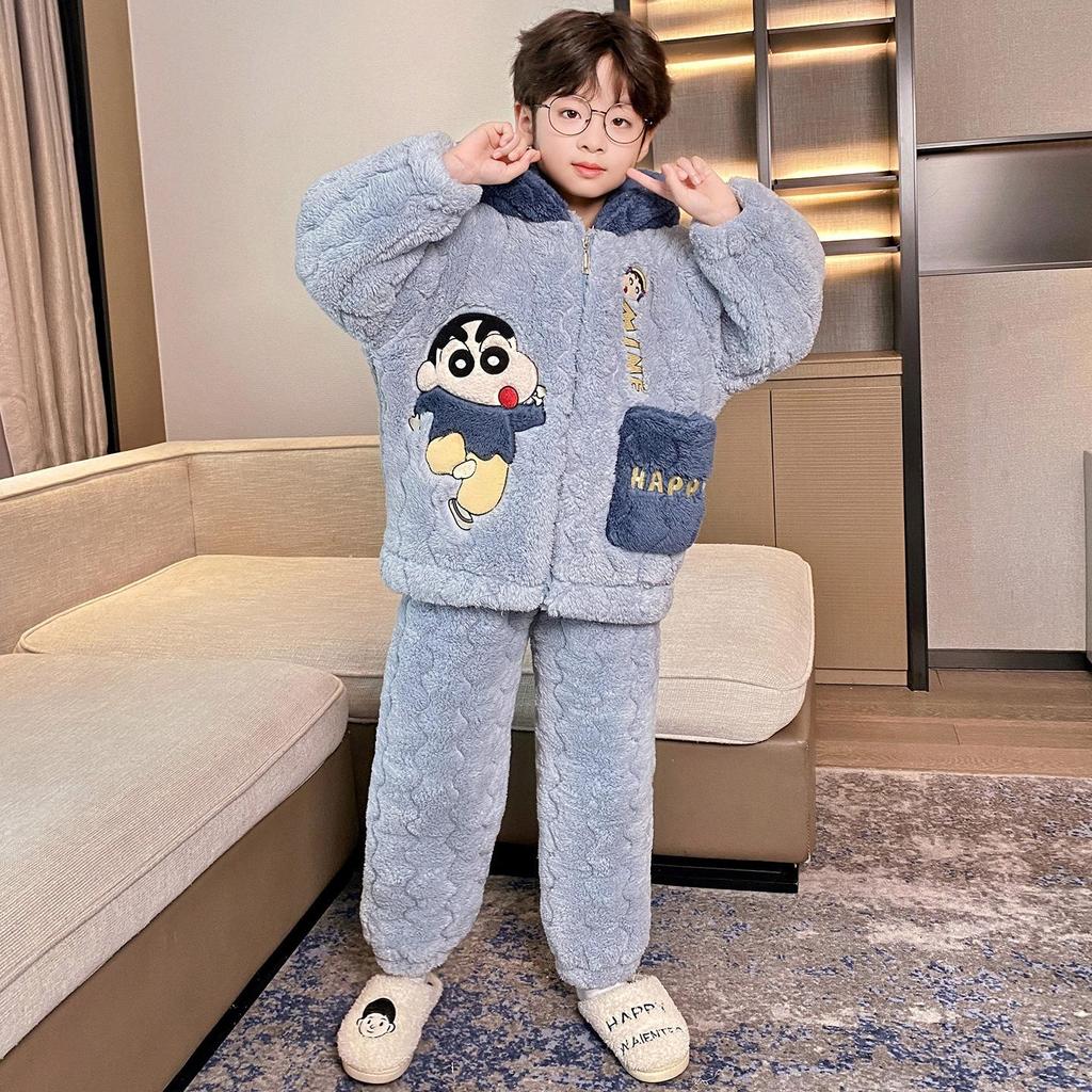 Boys' Thick Flannel Pajama Set - Children's Coral Fleece, Spring/Autumn 2025.