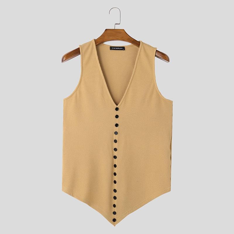 

INCERUN Men Summer V Neck Sleeveless Decorative Buttons Irregular Texture Fitted Tank Tops 3XL хаки