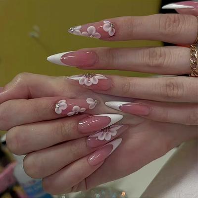 Nail Patch Removable Nail Simple French Flower Fake Nail Wearing Nail Patch Diamond 24 Pieces