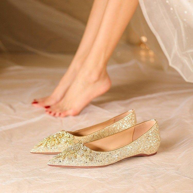 Sequined wedding shoes bridal shoes pointed 2025 French premium sense crystal shoes wedding elegance beautiful princess high heels