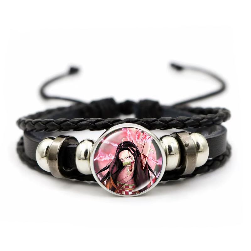 Anime Peripherie Demon Slayer Geflochtenes Armband Kamado Nezuko Zeitjuwel Glas Handgefertigt Ledergeflecht Paar-Armbänder
