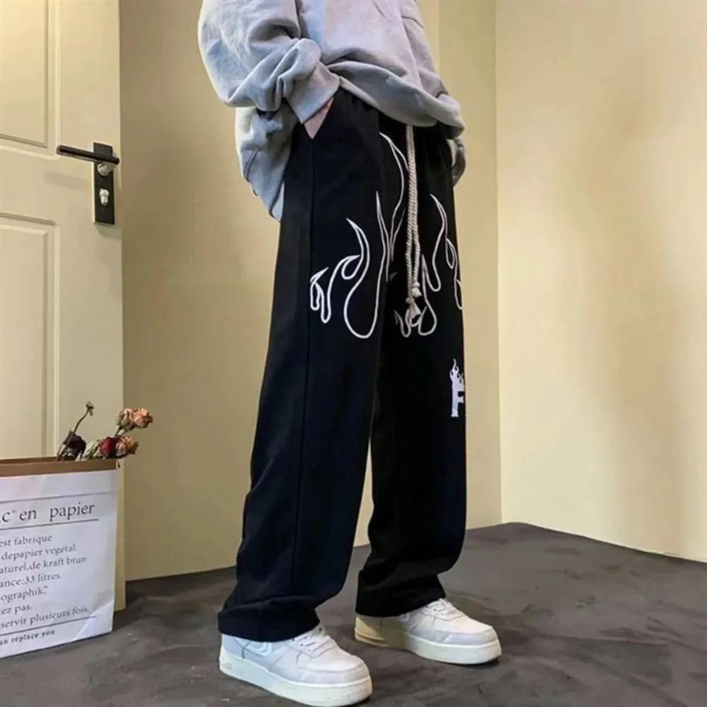 Men's Wide Leg Straight Leg Loose Printed Letter Drawstring Pants Fashionable Casual Pants