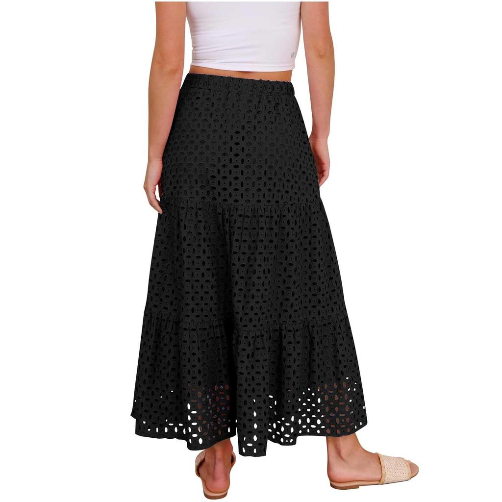 Damen Mode Farbe Bohemian Hohl Hohe Taille A-Linie Tasche Lang Lässiger Halber Rock