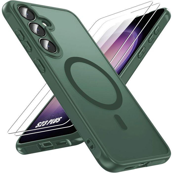Coque + 2 Verres Trempés pour Samsung Galaxy S23 Plus, avec Anneau Magnétique - Vert Nuit