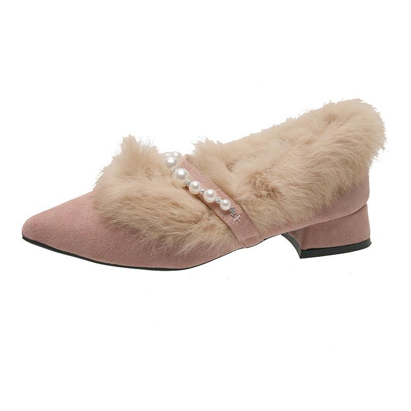 Women's Pointed and Shallow Cotton Shoes with Fluffy Shoes Outside, Winter New Thick Heels, Suede and Velvet High Heels for Women