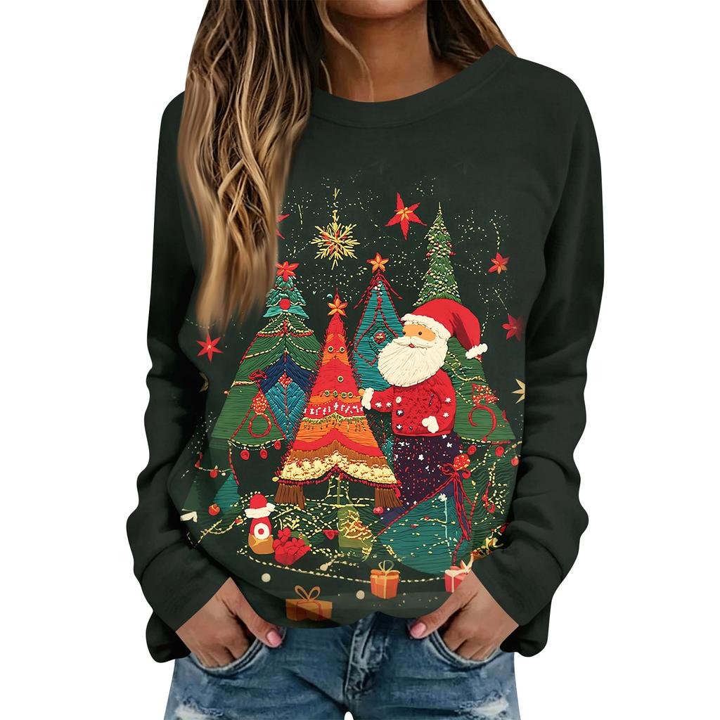Women's Casual Long Sleeve Christmas Print Crewneck Top for Holiday Everyday Wear