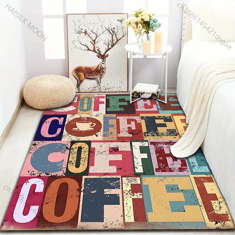 Retro Coffee Letters Print Carpet for Living Room Bedroom Bedside Sofa Floor Mat Modern Home Decor Area Rug Large Size