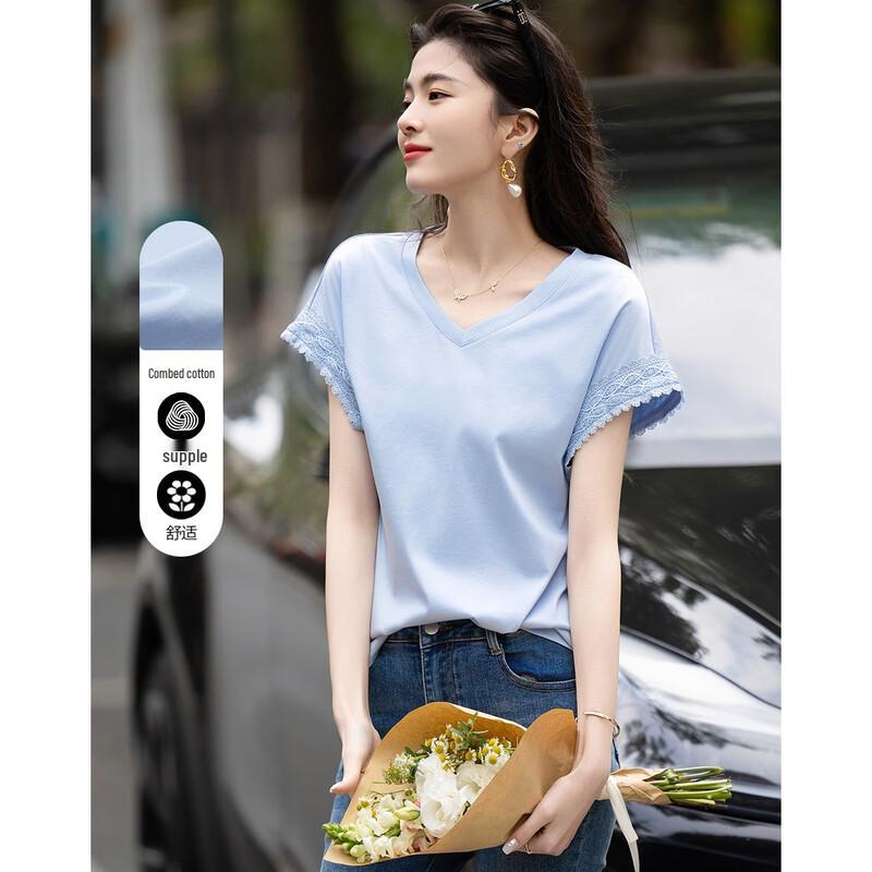 Demana Women s Summer V-Neck Lace Trim Mercerized Cotton T-Shirt M