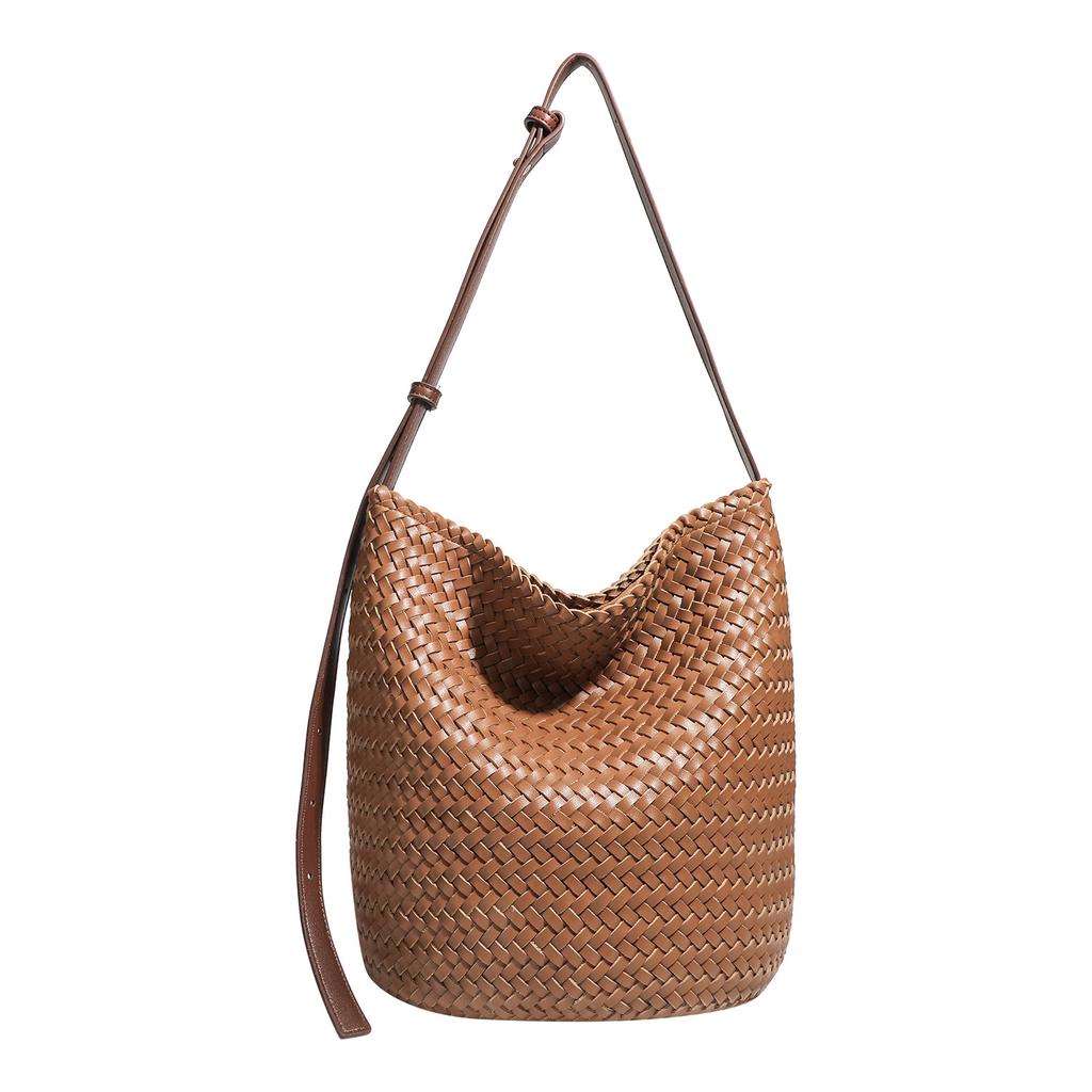 Borsa intrecciata a mano in pelle di mucca, Borsa a secchiello da donna di grande capacità, Borsa a tracolla crossbody casual per le vacanze