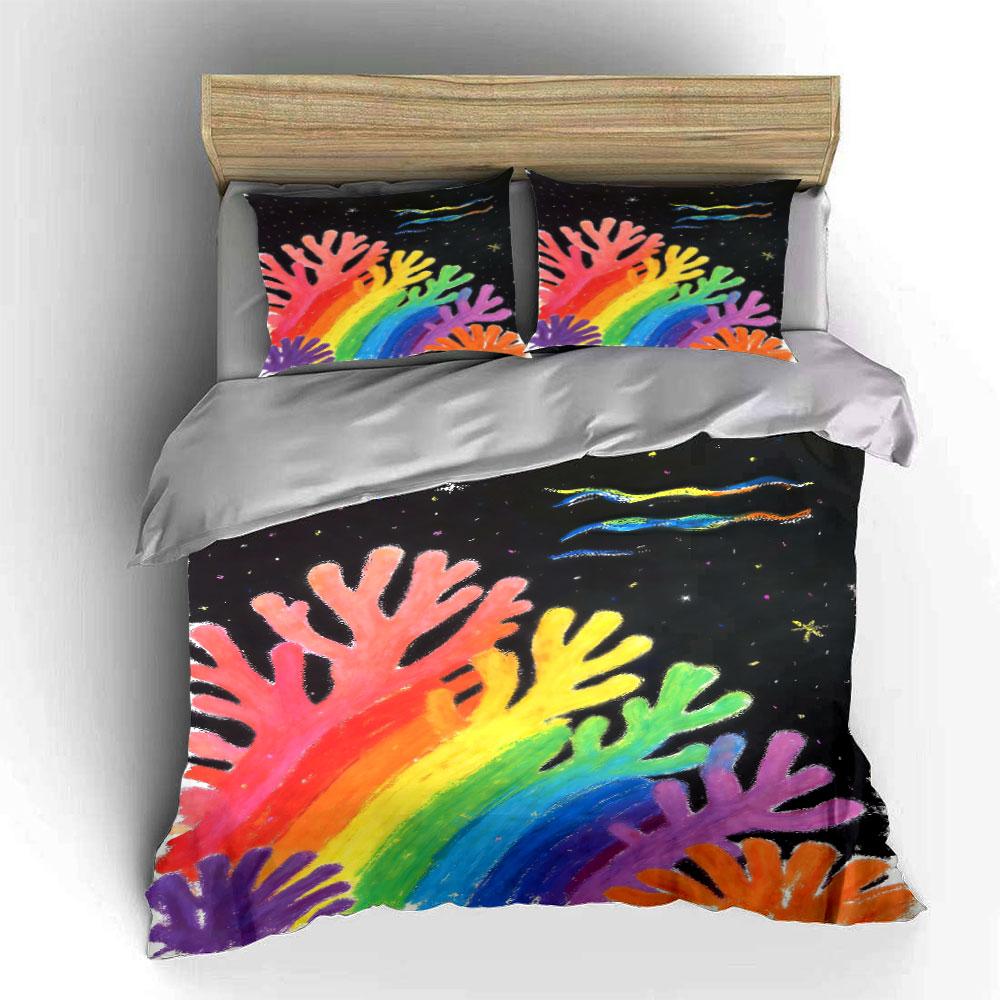 Rainbow coral, starry background. Bedding sets Duvet cover sets Duvet covers Pillowcases(1 * Duvet Cover 2 * Pillowcases without duvet insert)
