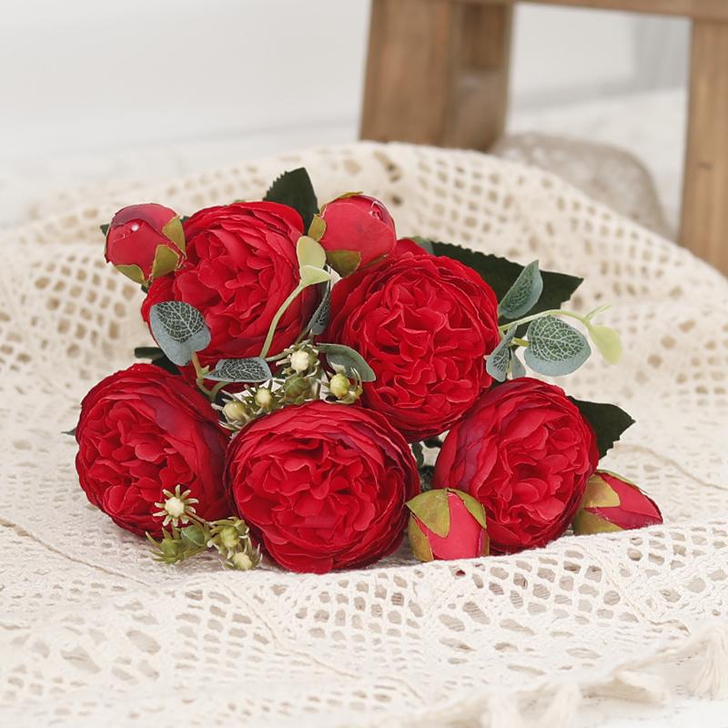 Tenvity Peony Artificial Flowers Silk Rose Bouquet Vase for Home Wedding Garden Decor Fake Plants Christmas Garland Material