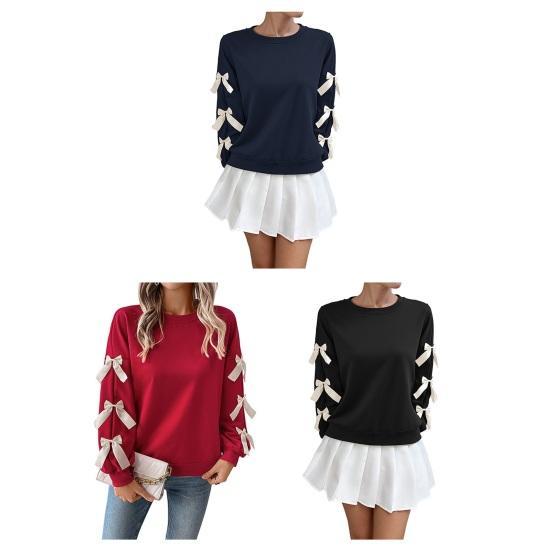 Merry Christmas Sweatshirt for Women Casual Crew Neck Pullover Top Long Sleeve Loose Blouses with Bow