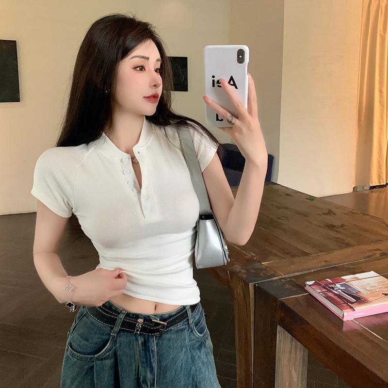Summer Slim Fit Buttons V Neck Casual T-shirt for Women Fashion Short Sleeve Woman Tshirts Tops Solid Elegant Simple Office Lady Tee 24369