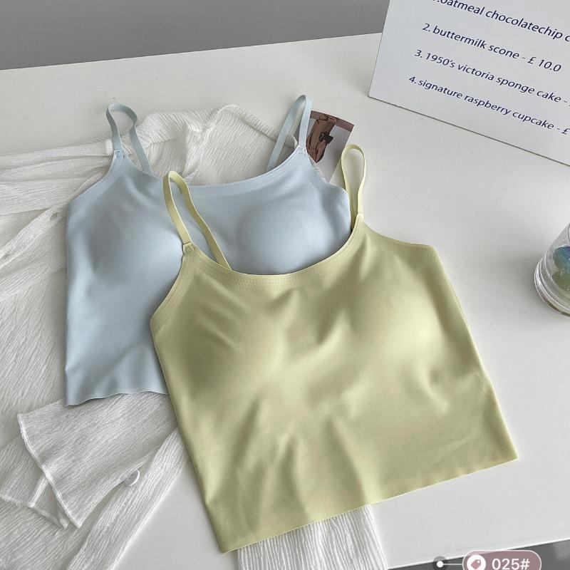 Women Seamless Solid Ice Silk Camisole Built In Bra Inner Wear