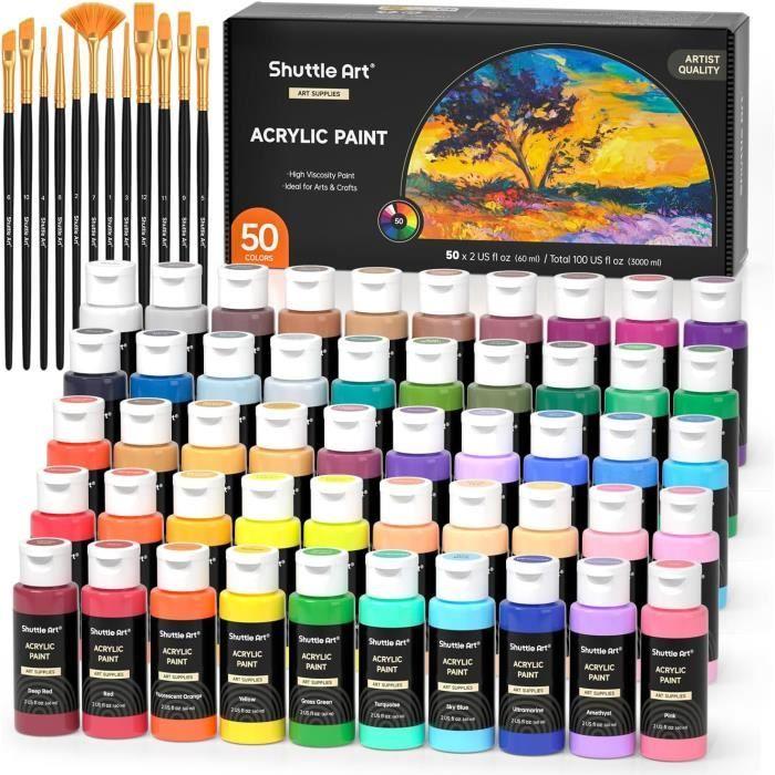 Kit de peinture acrylique - shuttle art - 50 couleurs - 60ml - 12 pinceaux - non toxique