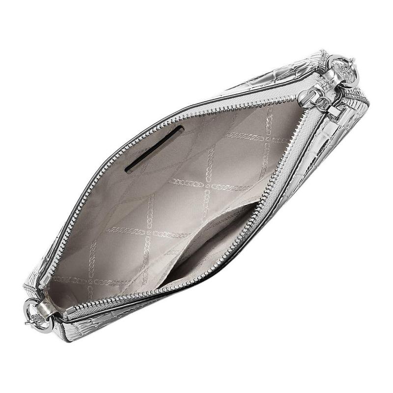 Michael Kors Empire Empire Metal Hardware Zipper Closure Crocodile Embossed Leather Clutch Shoulder Bag Medium Women's Silver