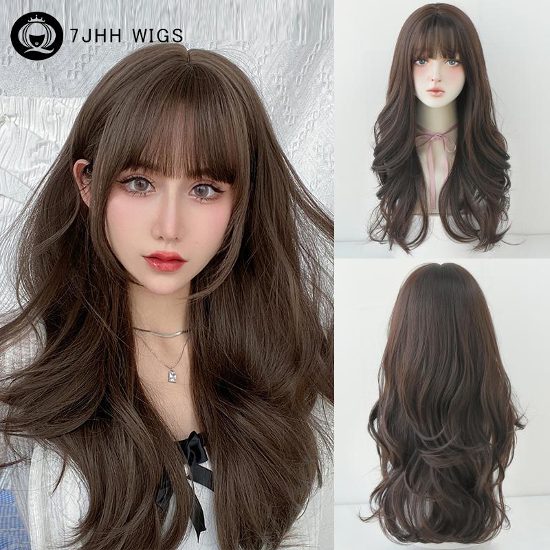 7jhh Wigs Loose Body Wavy Pink Brown Wigs With Dark Roots High Density Synthetic Wavy Ombre Hair Wig For Women Party Lolita Wigs