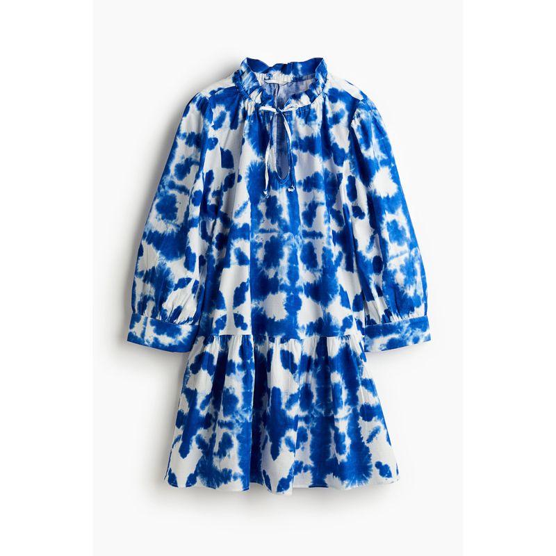 

HM Women s Clothing Dress Autumn Fashion Casual V-neck Drawstring Design Loose Short Skirt 1212592 Bright blue/Patterned 155/80(XS)