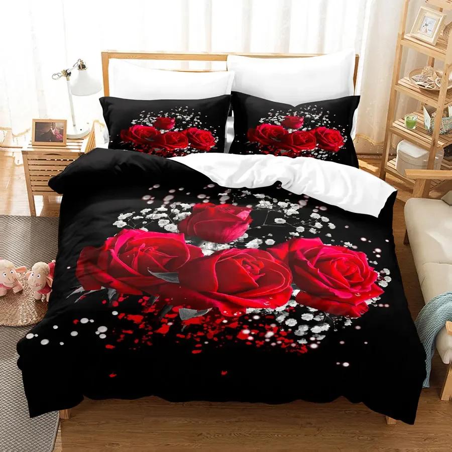 Comforter Red Roses Queen Size King Full 3D Bedding Sets Flower Quilt Linens Single Double Bed