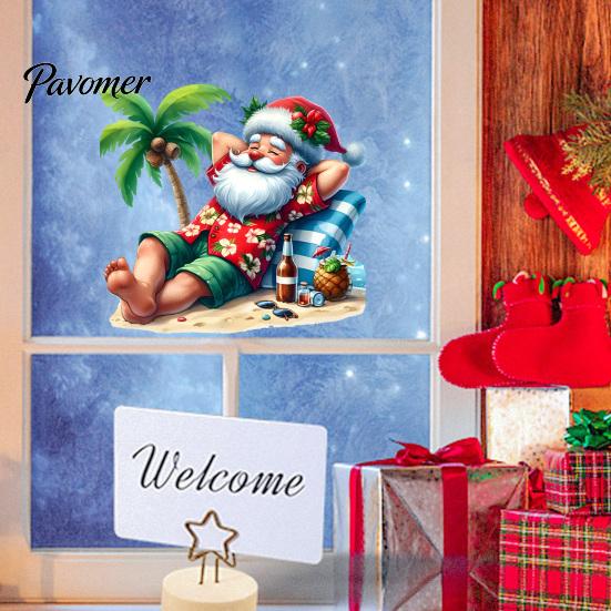 Outdoor Balcony Glass Stickers Tropical Beach Santa Claus Static Window Sticker, Waterproof PVC Decal, Seaside Sunproof Holiday Clings for Door