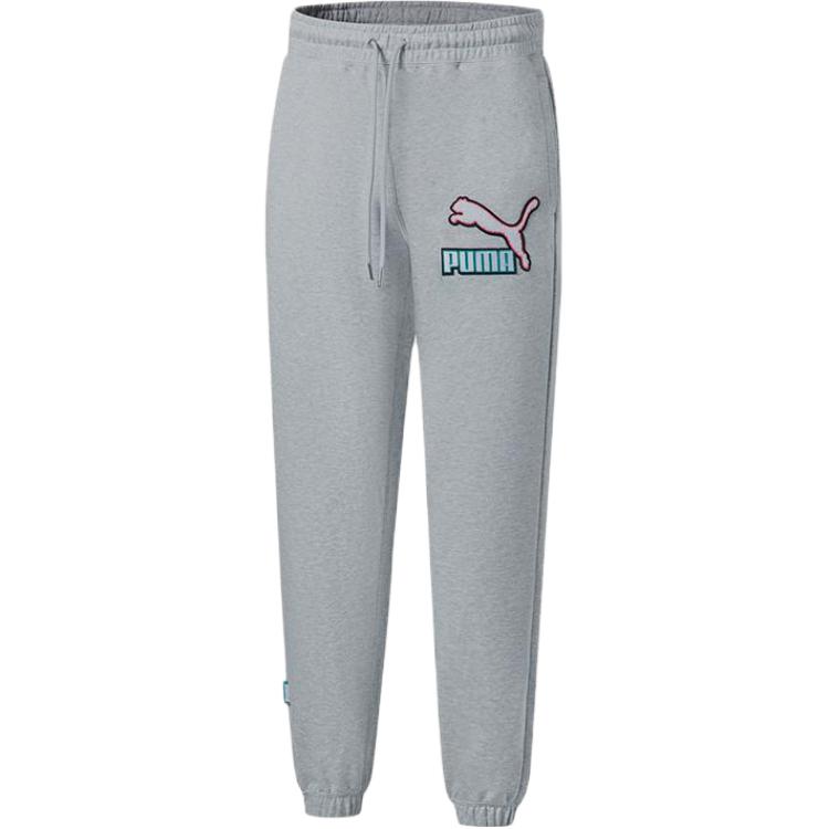 Puma Fandom Logo Drawstring Mid-Rise Knitted Sports Pants Men Bottoms Gray 537747-04