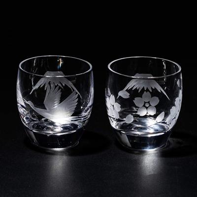 Kobo Edo Kiriko Fuji with Cranes and Cherry Blossoms Cold Sake Glasses Pair Comes In a Presentation Box Made In Japan [Taimuro Official] Mt.