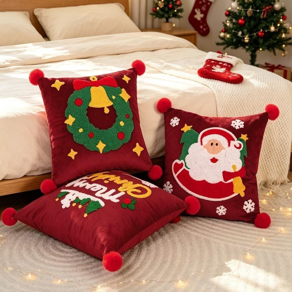 Cartoon Santa Claus Holiday Cushion Cover Elk Snowman Pillow Case Festive Plush Cushion Cover  Gift