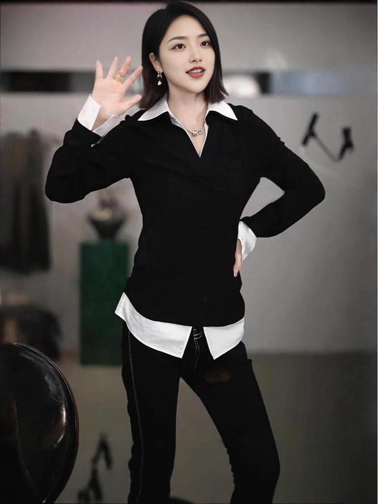 2026 Spring Fashion Korean Color-Block Patchwork Two-Piece Long Sleeve Women's Shirt