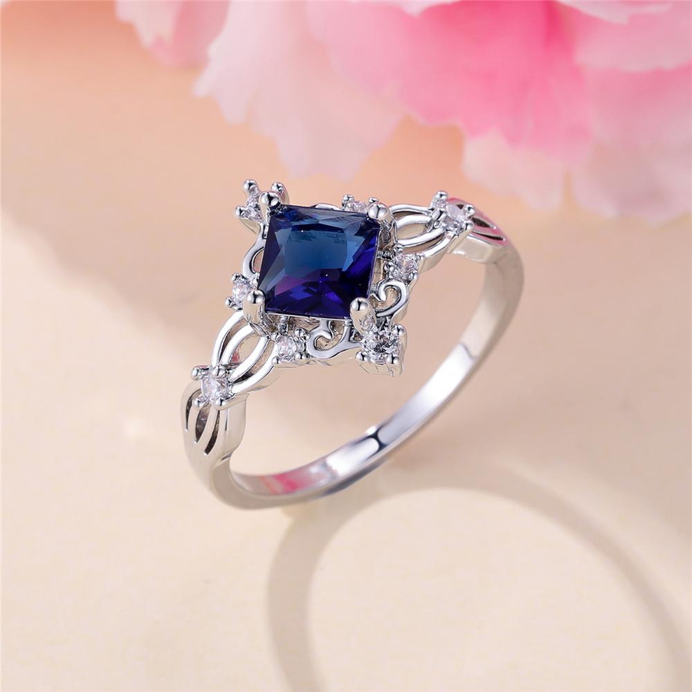 Charm Female Blue White Square Round Zircon Stone Ring CopperColor Dainty Gift Party Wedding Jewelry For Women