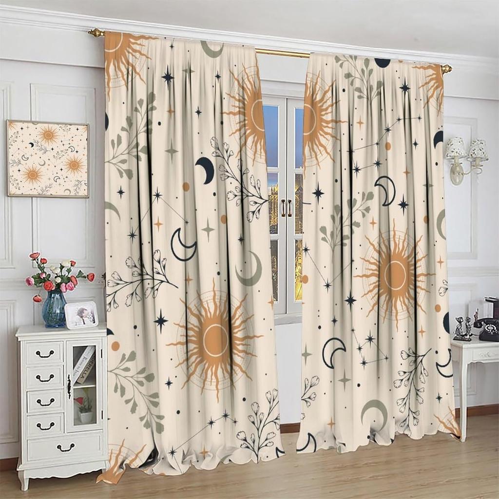 Boho Moon Decor Curtains,Magic Moons and Stars Boho Pattern for Home Kitchen Restaurant Decoration Window Curtain 2Panel