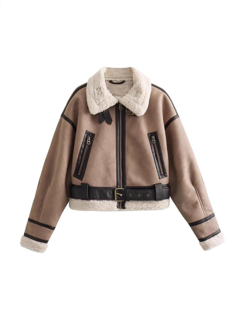 Chaqueta de Moto para Mujer Otoño/Invierno 2025 con Cuello Solapa de Piel Sintética