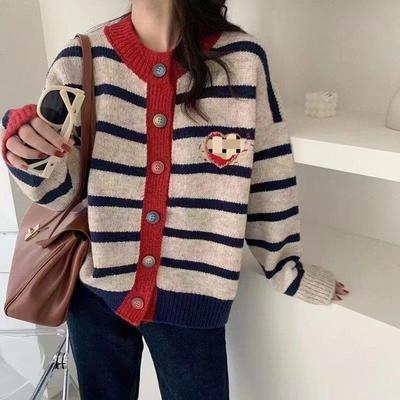 2023 Autumn/Winter Korean-Style Striped Love Embroidery Women's Loose Knitted Cardigan