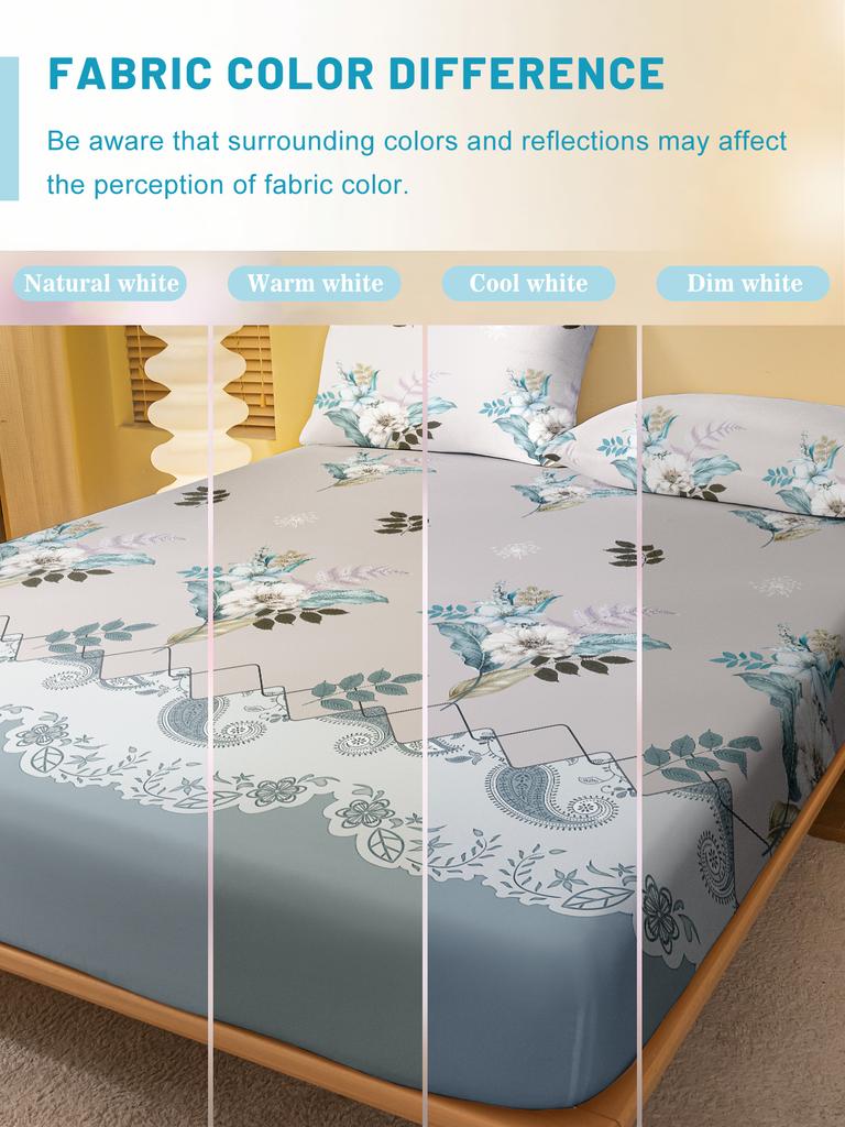 1 Simple Modern Plant Flower Printed Matte Fitted Sheet, Bedroom Printed Bed Cover, Bedding (Excluding Pillowcases)