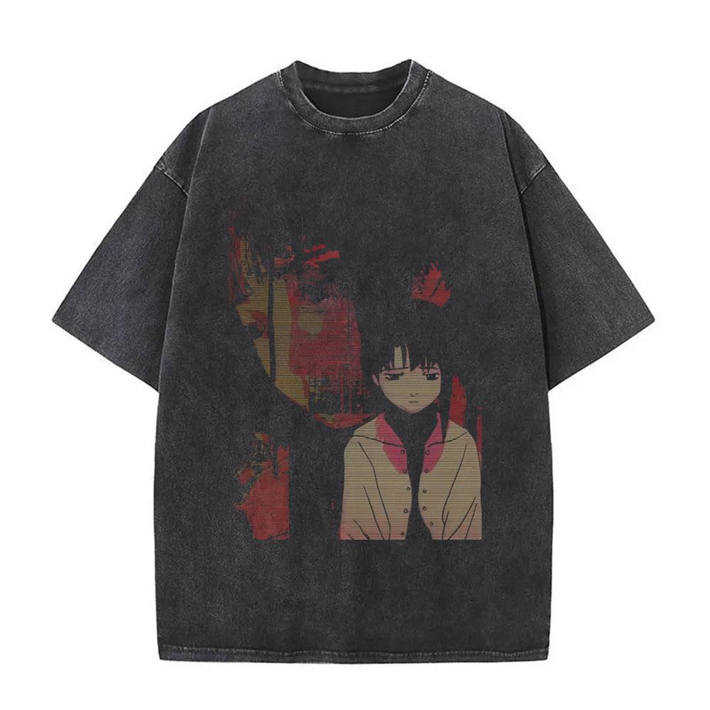 Washed Vintage Anime Serial Experiments Lain Face Graphic Tshirt Manga Girl Sci Fi Yk T Shirt Men Women Cotton Retro Tshirts