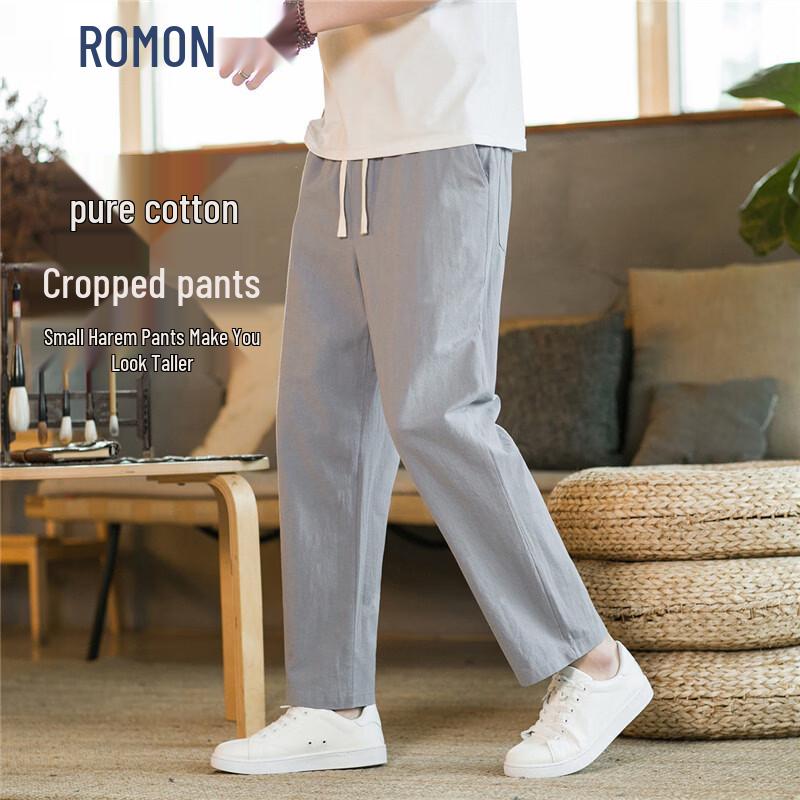ROMON Men s Cotton Cropped Loose Straight Casual Pants M