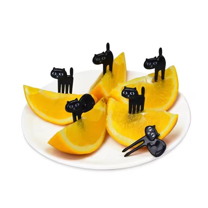 6pcs/Set Black Cat Fruit Fork Mini Cartoon Snack Cake Dessert Food Forks Bento Lunches Accessories Kitchen Utensils For Children