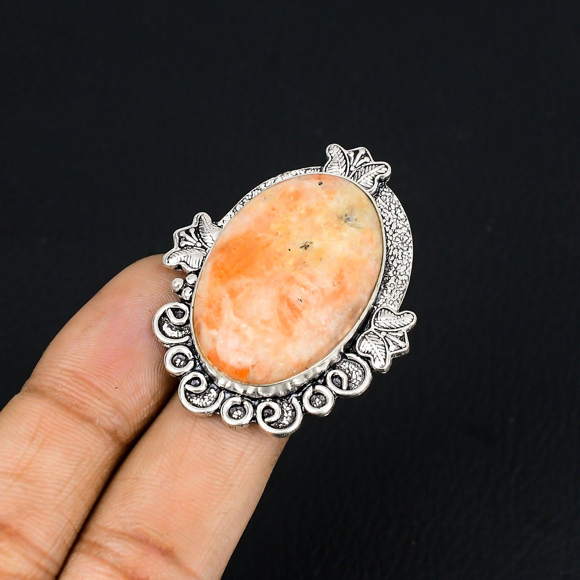 Natural Sunstone Gemstone 925 Sterling Silver Statement Ring Size 7.5 For Women 7.5