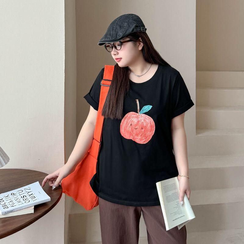

Plus size women clothing [Fun Cartoon Fruit T] Graffiti Print Summer Style Loose Short sleeve Mid-Length T-shirt Top Lazy Black 4XL