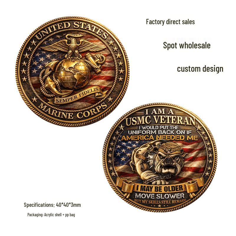 US Marine Corps Commemorative Metal Challenge Coin Badge for Cross-Border E-Commerce 40x40x3mm золотой