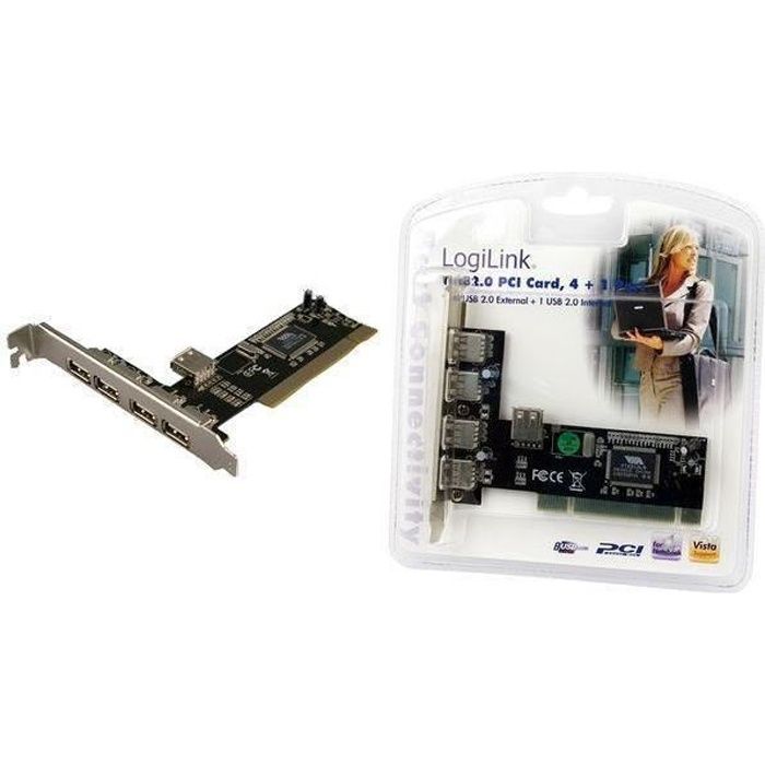 Carte PCI USB 2.0 - LogiLink - 4 + 1 Ports - Chipset VIA - Protection Contre Surtension - Plug & Play
