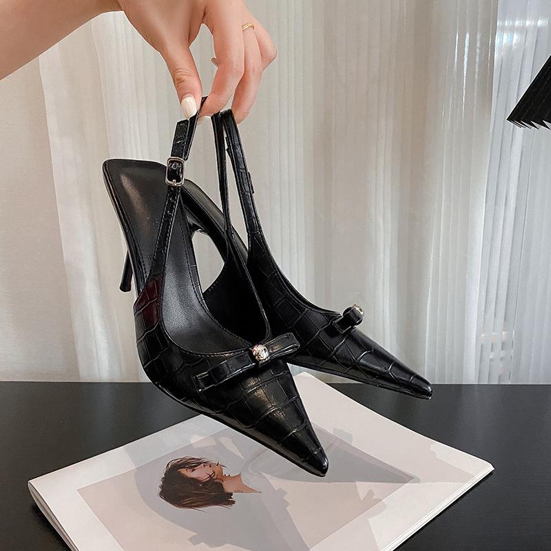 2025 spring and autumn new pointed head shallow mouth bow bag head sandals stiletto crocodile pattern black sexy high heels women