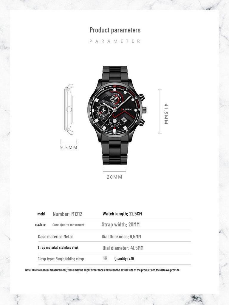 Men's Six-Hand Stainless Steel Fashion Calendar Watch with Metal Strap