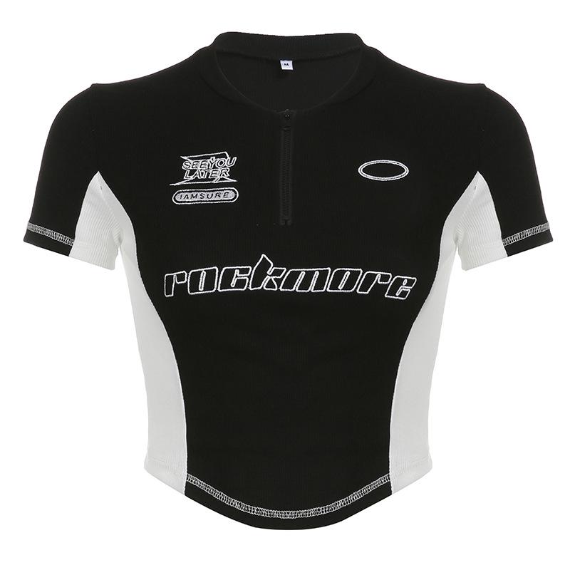 

Женский облегающий топ с круглым вырезом и молнией, с контрастной строчкой и цветным принтом Medium чёрный