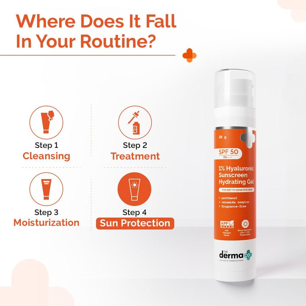 The Derma Co 1% Hyaluronsäure Sonnencreme Feuchtigkeitsspendendes Gel SPF 50 PA++++ Für Trockene Empfindliche Haut 50 g