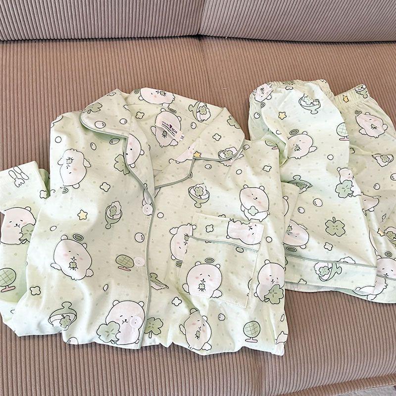 

Soft cute princess wind cantaloupe self-deprecating bear pajamas women s summer cardigan short-sleeved shorts set can be worn outside loungewear S